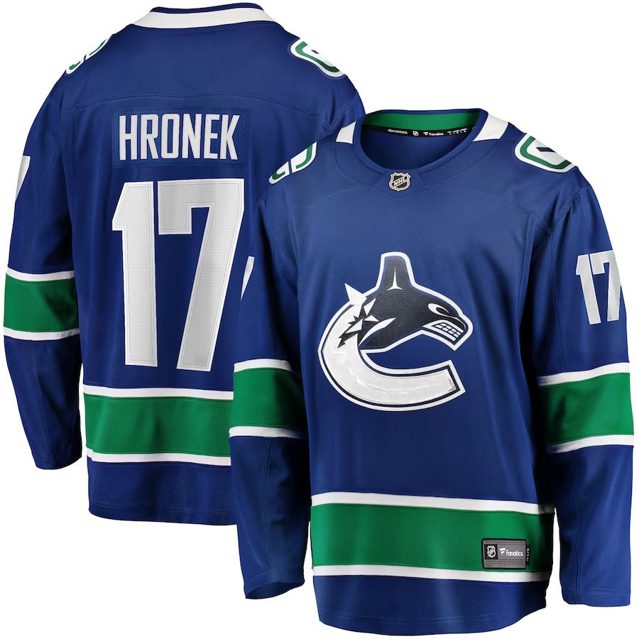 Men Vancouver Canucks 17 Filip Hronek Fanatics Branded Blue Home Breakaway NHL Jersey
